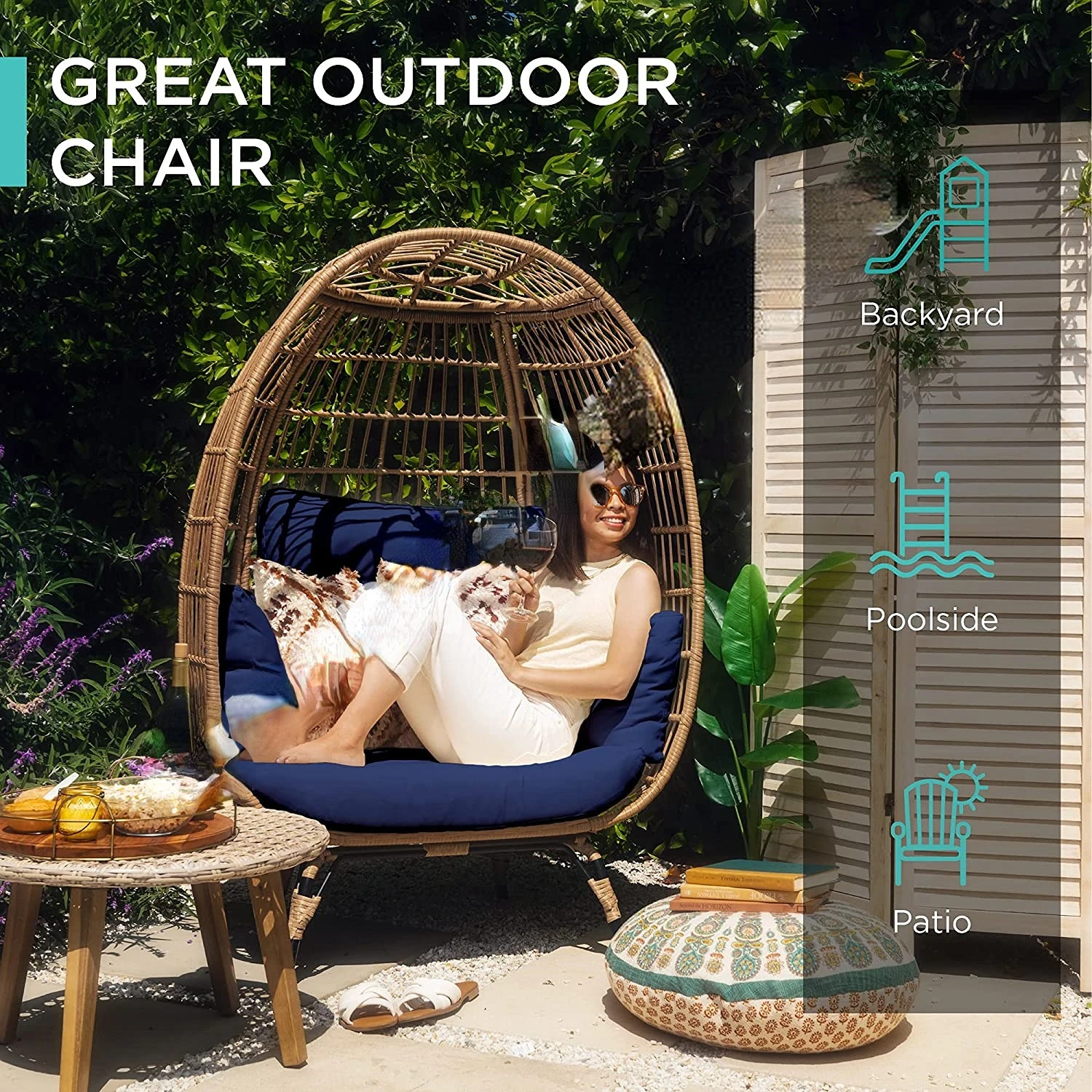 Wicker Egg Chair, Oversized Indoor Outdoor Lounger for Patio, Backyard, Living Room w/ 4 Cushions, Steel Frame