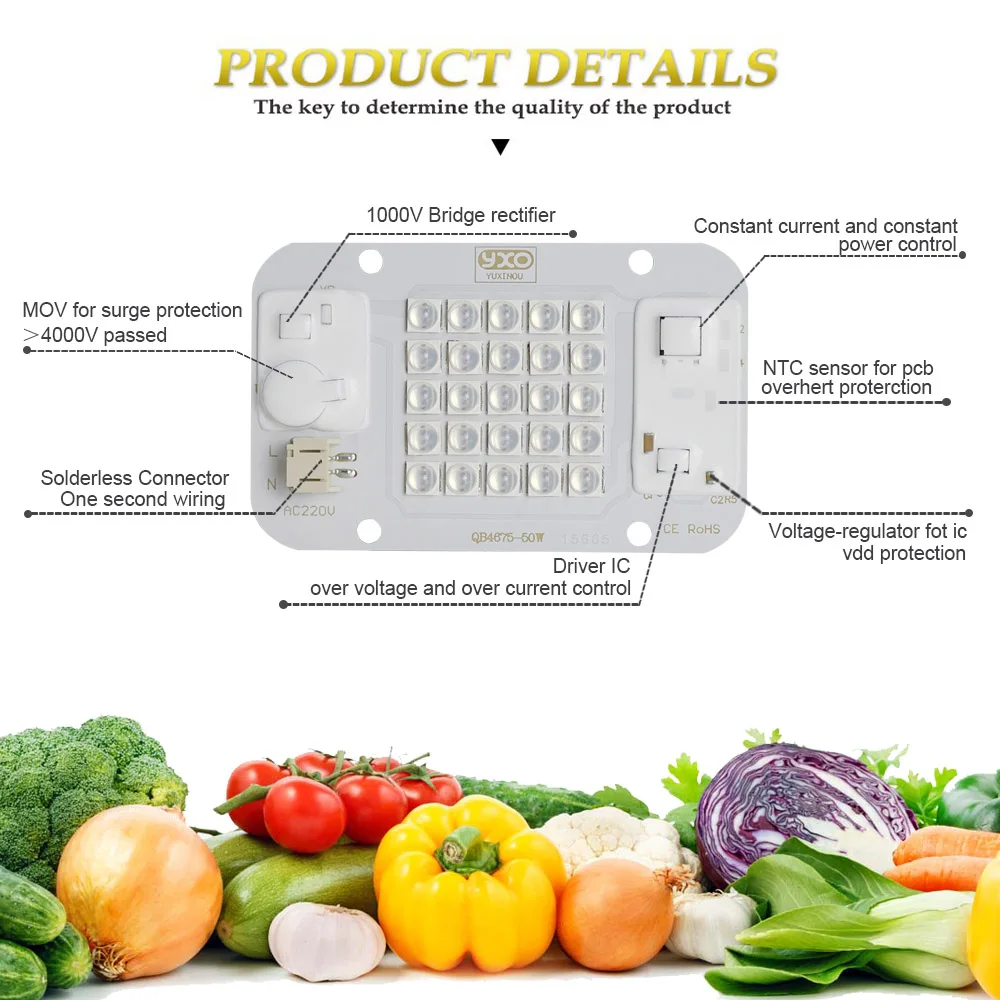 50W DIY Hydroponic LED Growth Light DOB Adjustable Light 660nm, Suitable for Indoor Plant Nurseries Samsung Lm283b Input 220V AC
