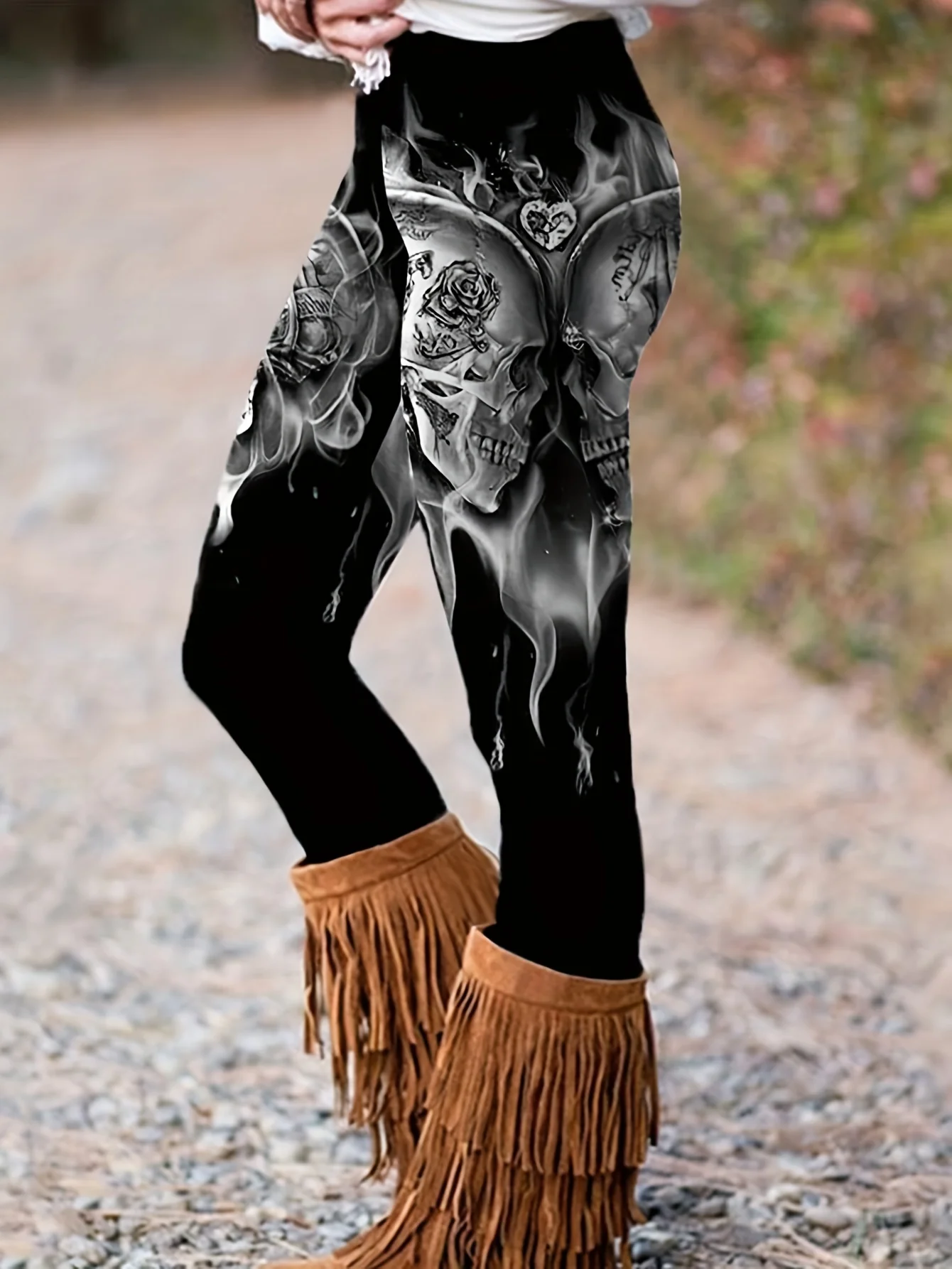 Women Mid‑Waist Fleece Lined Leggings, Skull Rose Flame Print, High Stretch Slim Warm Elastic Gothic Casual Sports Pants - view 3