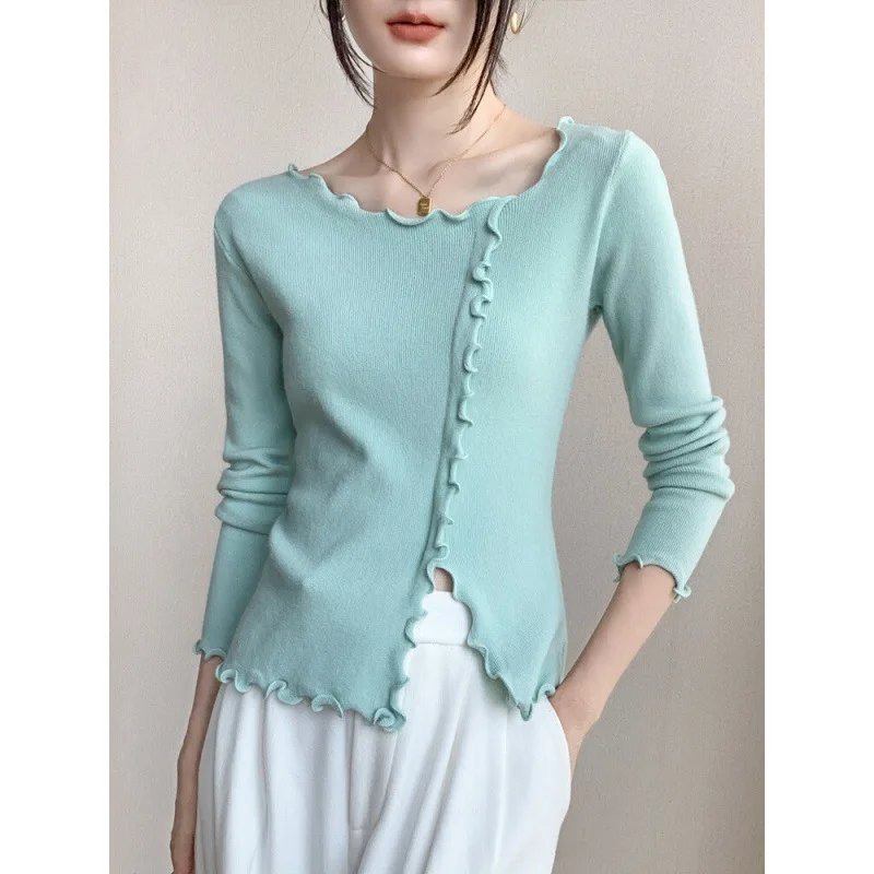 

Fungus edge solid color bottoming shirt new slim-fitting and thin foreign-style top