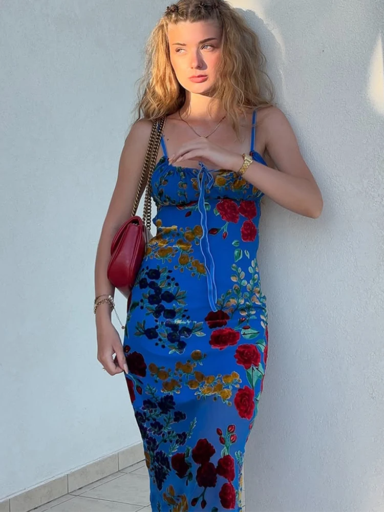 Retro Printed Camisole Long Dress Woman Lace up Waist Cinched Backless Flower Sleeveless Dresses Fashion Sexy Lady's New Dresses - Image 2
