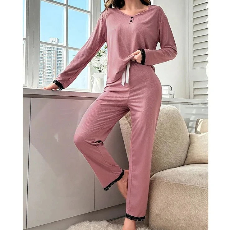 

2025 spring autumn solid Pajamas Set for Women Homewear Sleepwear Long Sleeve tops and Trousers 2 Pieces lace Pijamas Loungewear