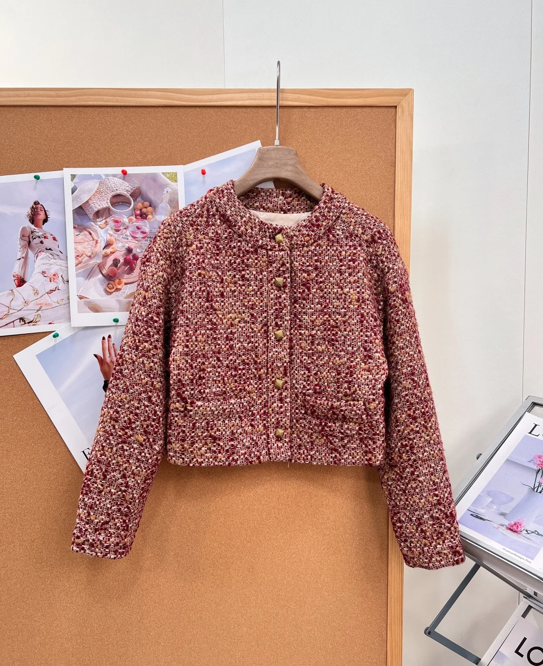 6 Autumn/Winter Wool Blazer - Round Neck Copper Metal Stud Short Coat for Women