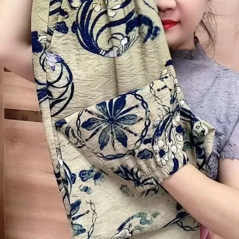 

Women's 2024 Summer New Patchwork Elastic Waist Drawstring Pocket Print Tie Feet Fashion Loose Comfort All Match Casual Pants