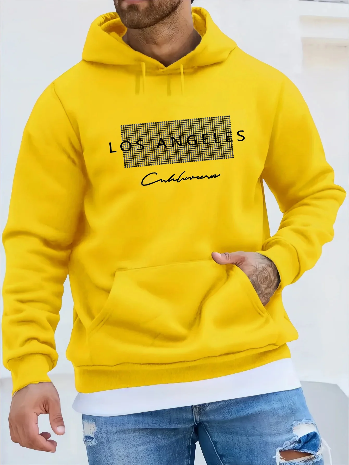 Men\'s autumn and winter fashionable casual loose Los Angeles pattern printed fleece pullover long sleeved hooded sweatshirt