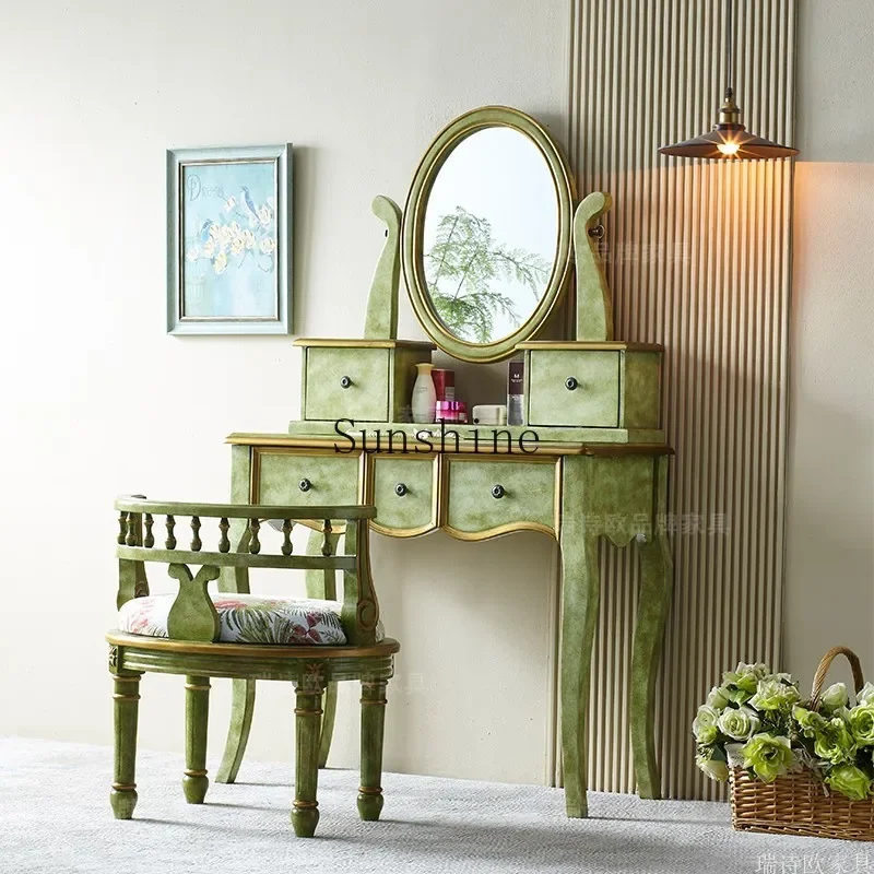 American country dresser solid wood bedroom retro green old small makeup table simple