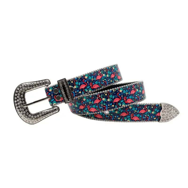 Original Design, Novel and Fashionable Flamingo Print Belt for Women, Artificial Inlaid with Rhinestones, Alloy Buckle Belt,