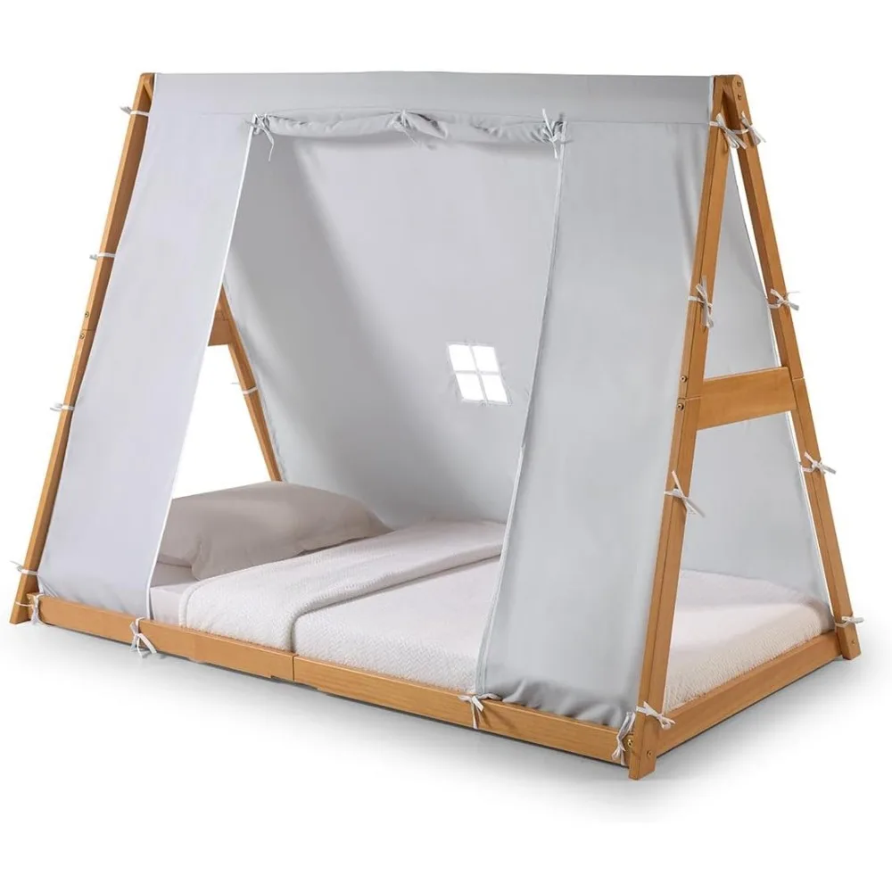 Letto matrimoniale Tenda da terra - Struttura naturale o bianca, Grigio, Mobili per camera da letto per bambini... (Cornice naturale)