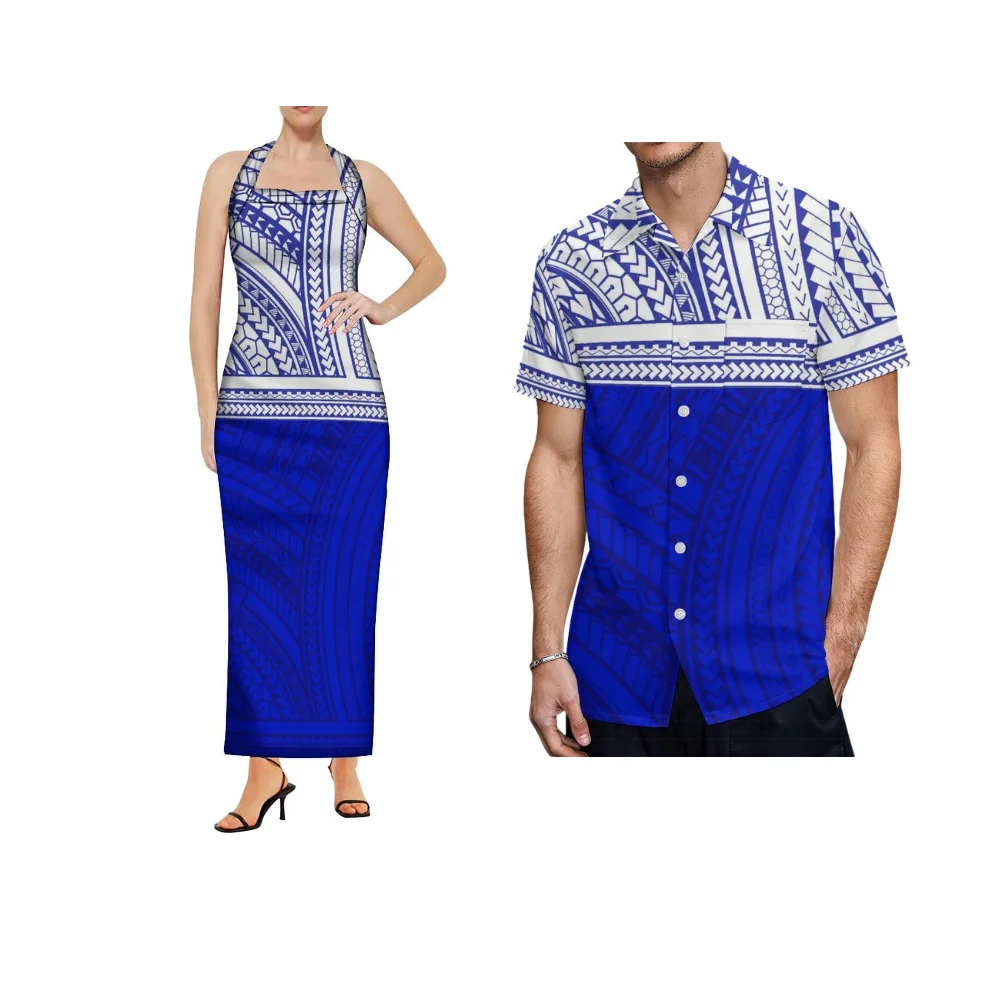 Samoa Club Women'S Custom Polynesian Traditional Print Couples Suit Women'S Halter-Neck Slim Dress Men'S Short-Sleeved Shirt