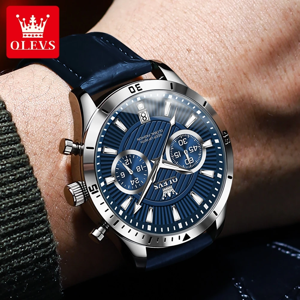 ساعات رجالية OLEVS من أفضل العلامات التجارية للشباب ساعة يد كوارتز أصلية مقاومة للماء بحزام جلدي كرونوغراف مضيء على مدار 24 ساعة
