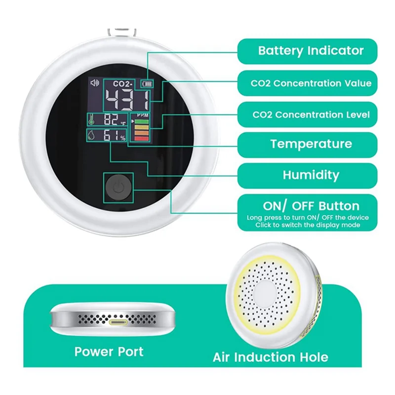 AD23-空気質二酸化炭素モニター アラーム付き 400-5000 PPM-NDIR CO2 テスター (ホワイト)