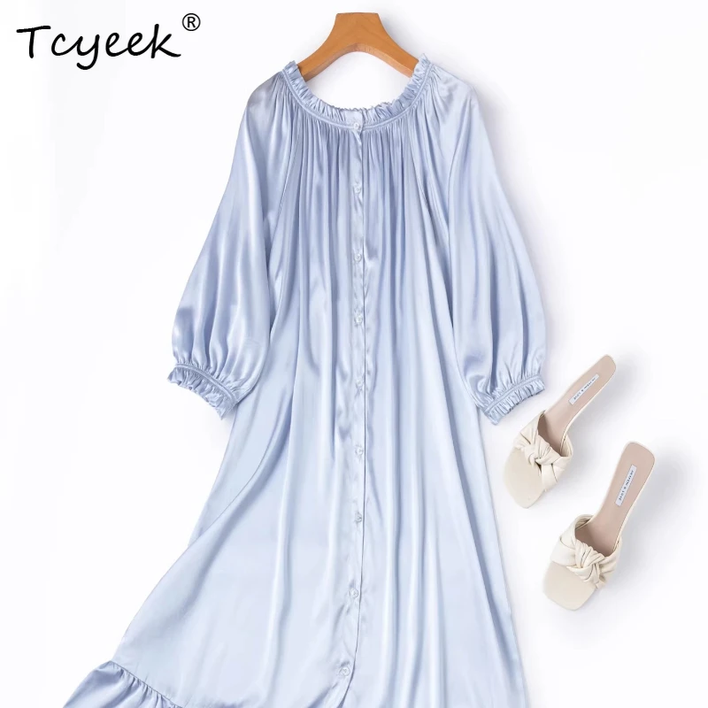 

Tcyeek 19MM 95% Mulberry Silk Night Dress Woman Nighty for Ladies 2026 Summer Clothes Sexy Sleepwear Loose Fit Pijama Feminino