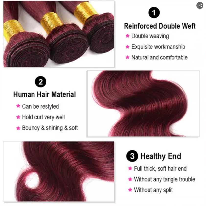 Bundel merah anggur bundel rambut manusia gelombang merah merah 99J bundel rambut manusia gelombang tubuh rambut Virgin Brasil 3 bundel 30 inci