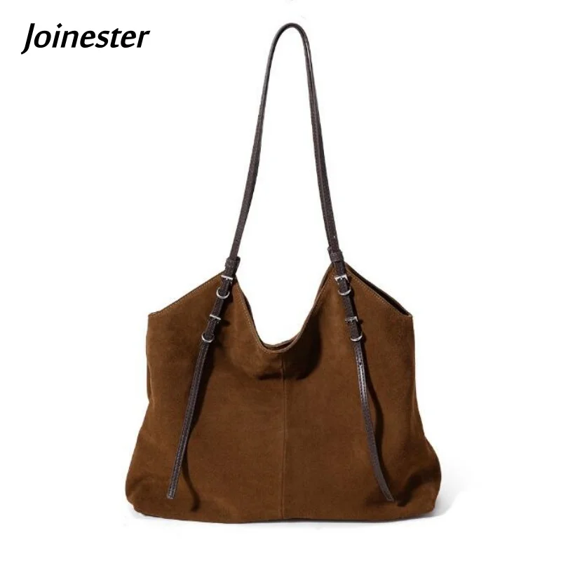 

Suede Cow Leather Leisure Shoulder Bag for Women Vintage Style Large Commuting Bag Functional Shopping Travel Tote