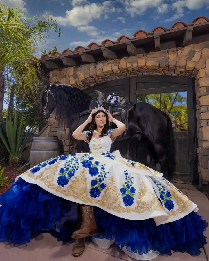 Customized Vintage Gold Applique Quinceanera Dress Edges Layered Vestidos De 15 Anos Blue Ball Gown xvaños image 3