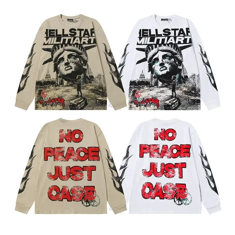 Hellstar American Letter Goddess Print Streetwear Vintage Loose Unisex Long Sleeve Base Layer T-Shirt Ins Casual