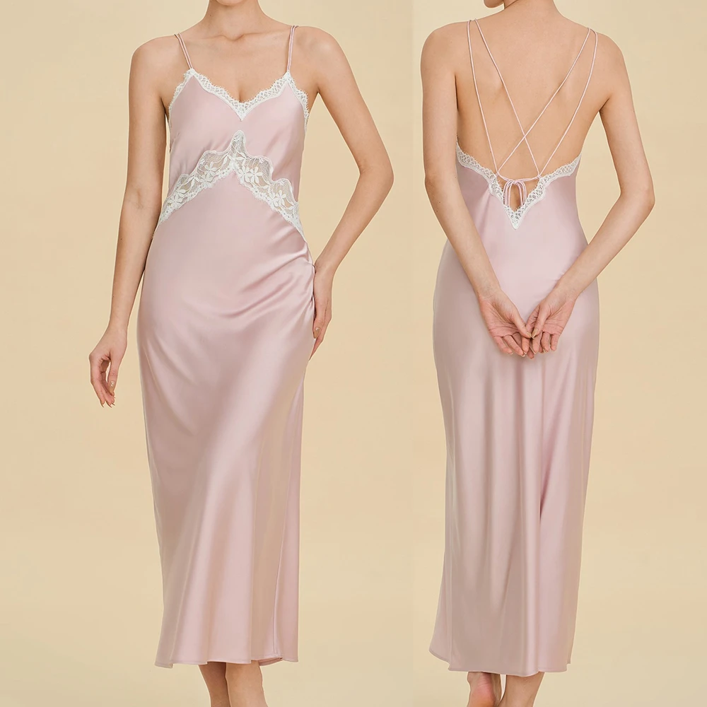 Female Extra Long Nightgown Chemise Sleepwear Sexy Lace Backless Nightdress Lingerie Elegant Silky Satin Homewear Loungewear