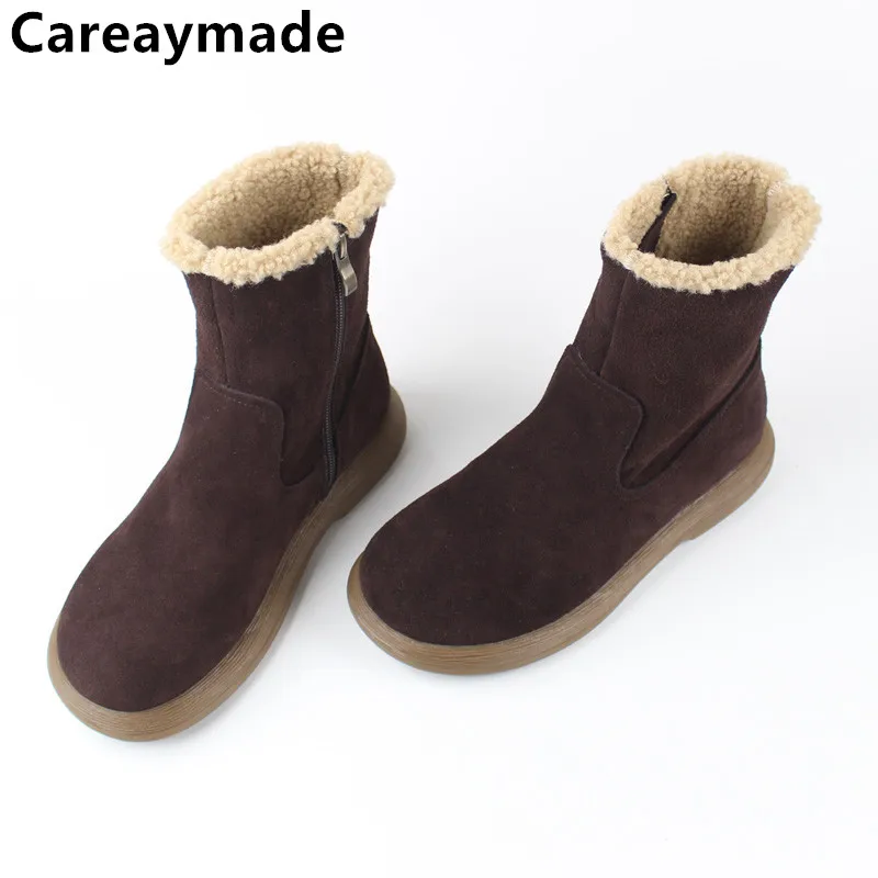 Careaymade-Genuine cow leather Snow cotton round head flats woolen short boots plush warm snow boots Oversized shoes size 35-43