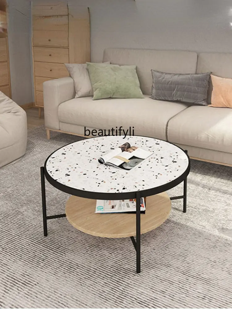 yj Nordic round Terrazzo Coffee Table Simple Modern Stone Plate Tea Table Small Size Light Luxury