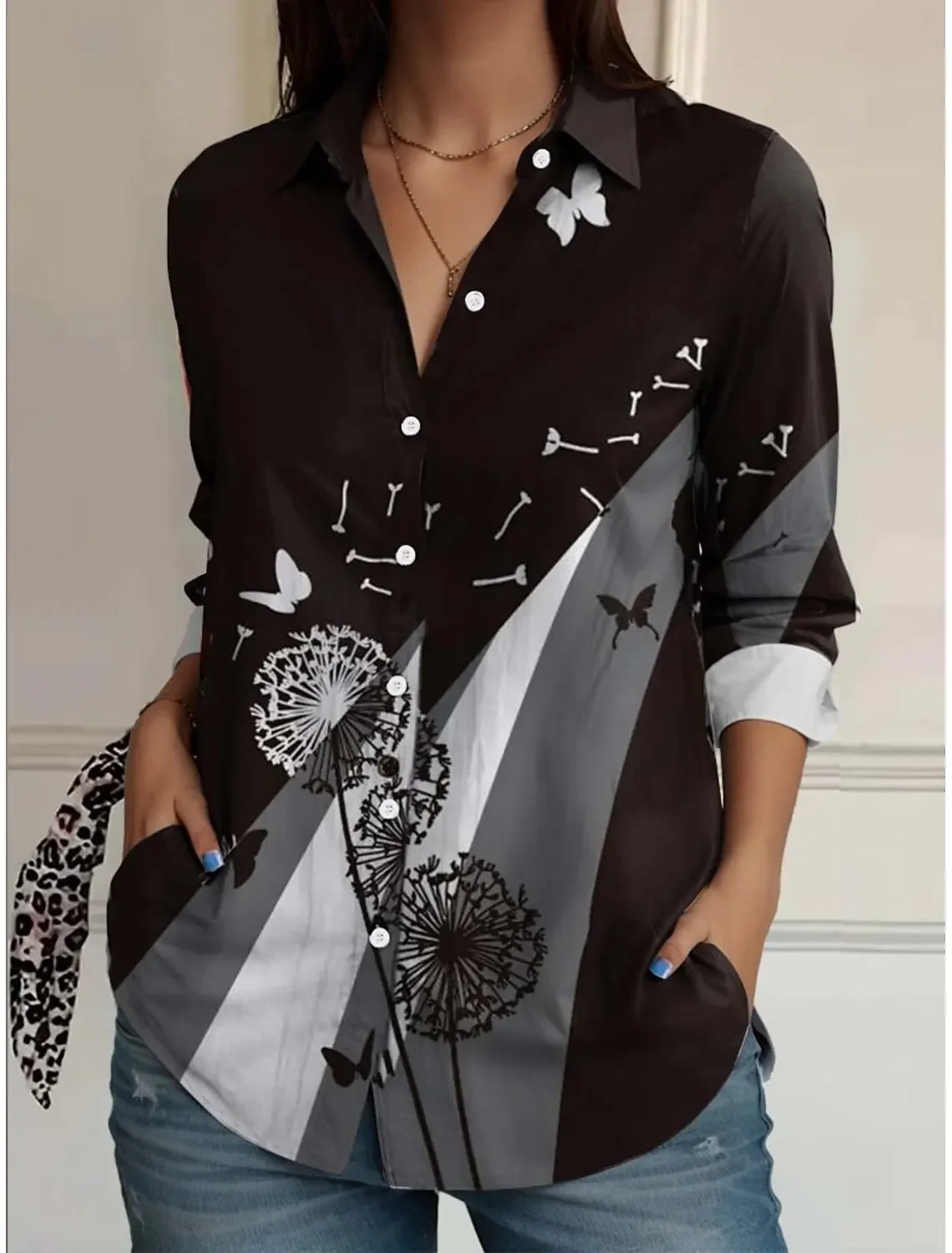 

Fashion Women's Casual 3D Flower Prints Blouse Lapel Neck Button Women Long Sleeve Shirts Autumn Womens Clothing