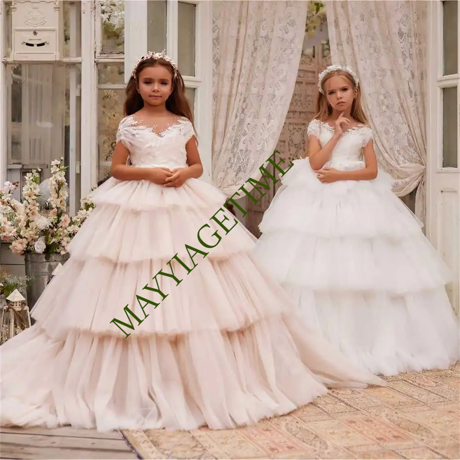 Elegant Girls Flower Girl Dresses Tiered Ruffles Pageant First Communion Dress Kids Sequined Lace Wedding Party Gowns