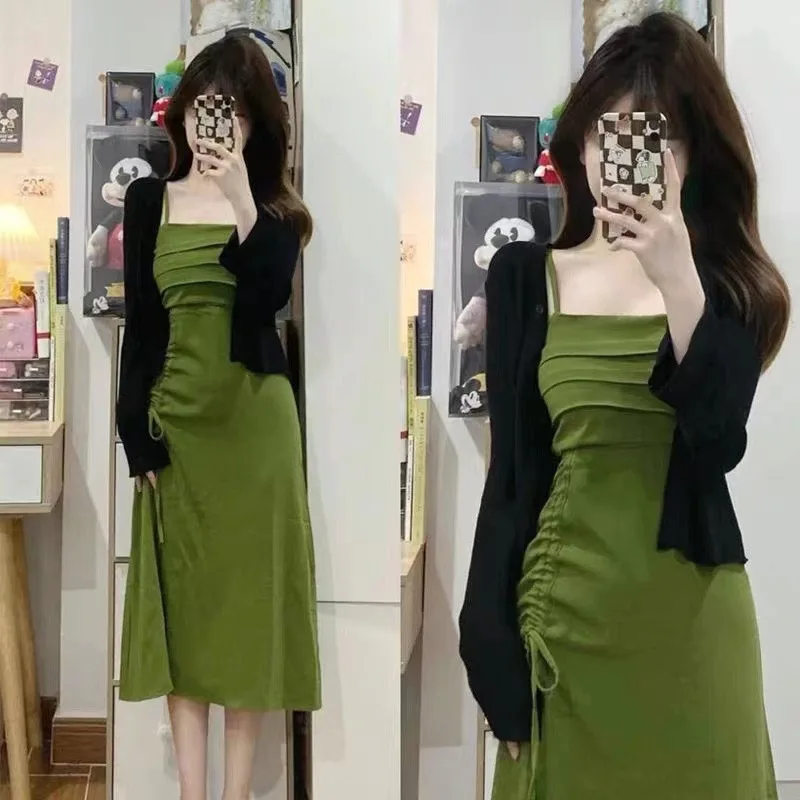 Spring and Summer Dress for Women Solid Color Little Halter Dress Long Sleeve Coats and Dress Sets 2ps Elegant Womens Dresses