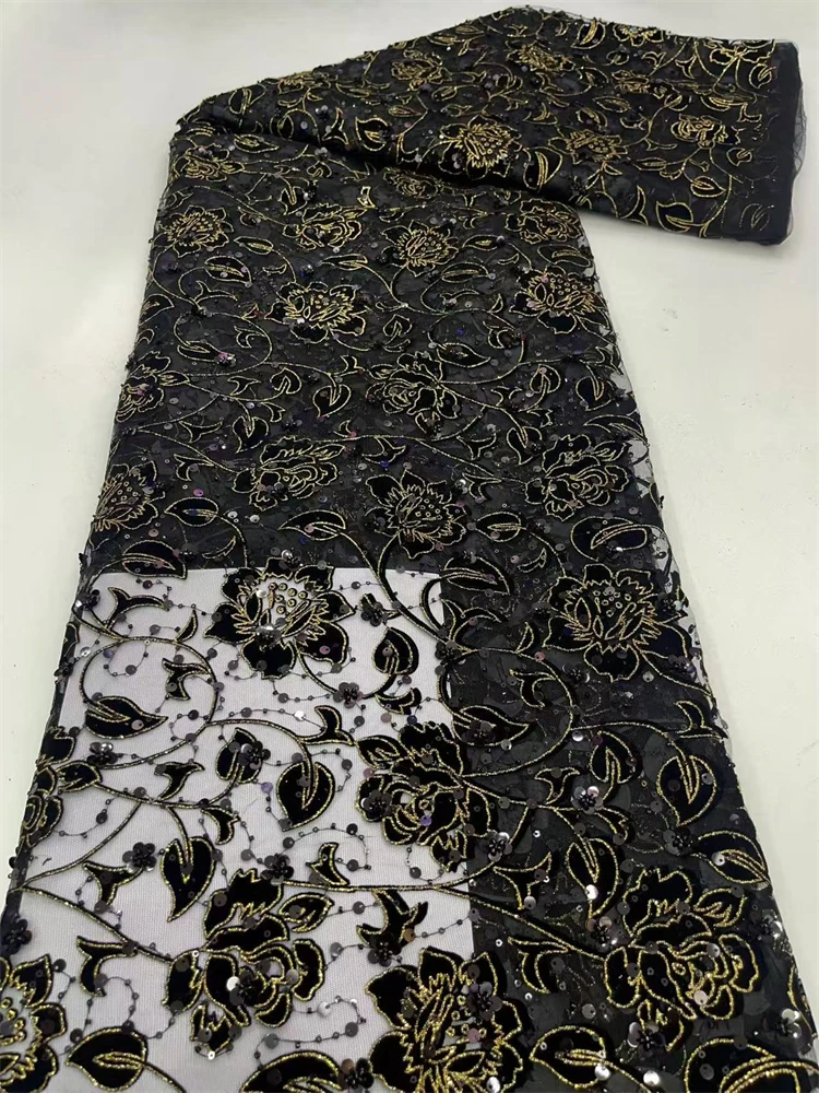 

African Sequins Lace Fabric 2025 High Quality French Mesh Tulle Lace 5Yards Nigerian Lace Fabric For Woman Wedding Dress