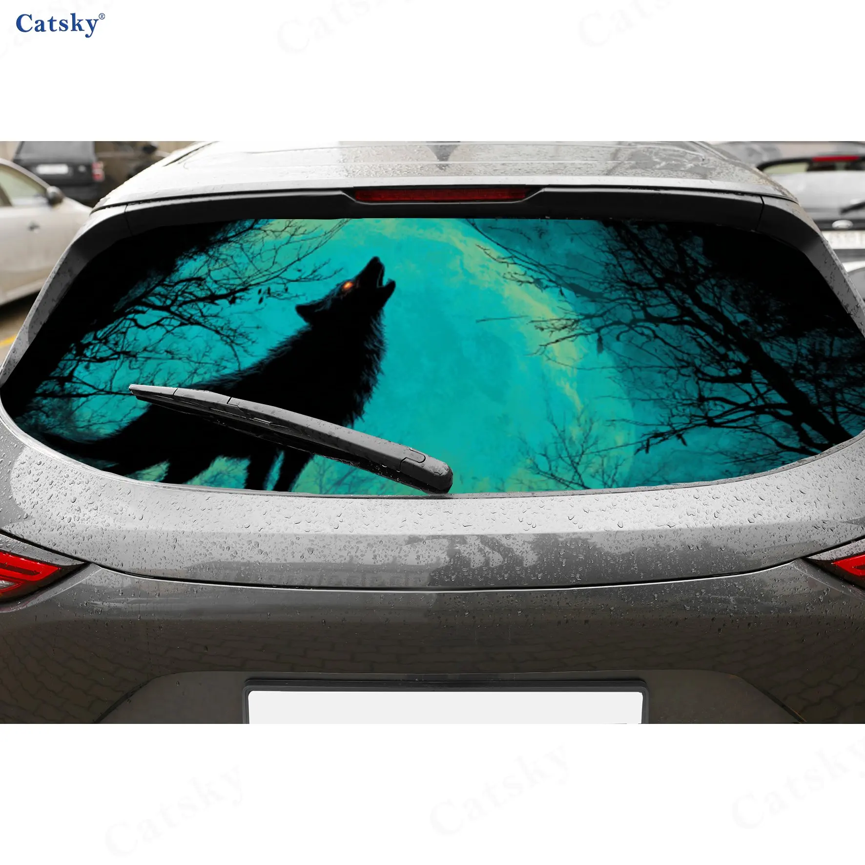 

Blue Moonlit Wolf Howl Adventure PVC Perforated Car Vinyl Wraps, Durable Car Rear Windshield Sticker, Waterproof Car Rear Window