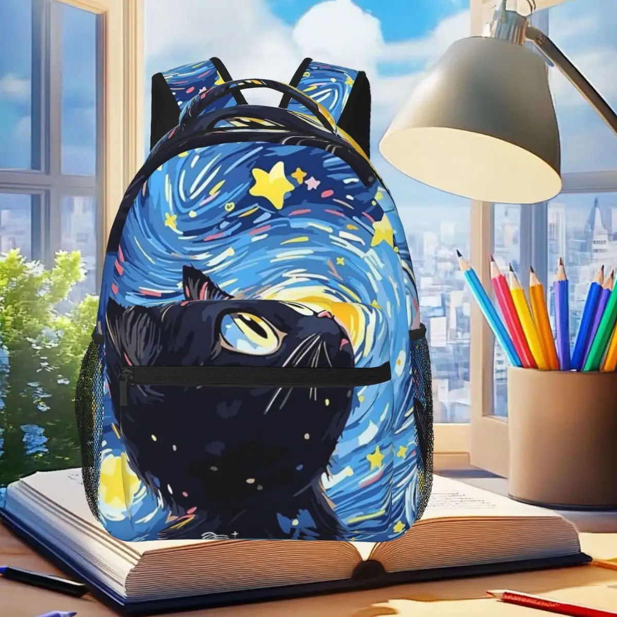 

The Black Cat Looks At The Starry Sky Backpack Student Boys Girls BookBag Kids School Bag Laptop Shoulder Bags for Men Women