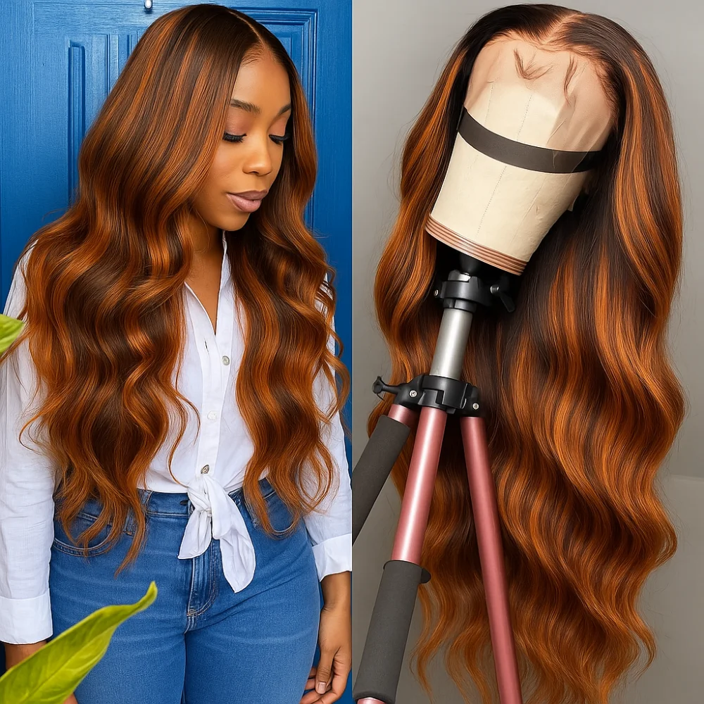 كثافة 200% # 4/350 تسليط الضوء على لا الحرير لا الغراء شعر مستعار أومبير الزنجبيل مع براون الجسم موجة باروكة من شعر طبيعي 5x5 الدانتيل أمامي شعر مستعار بدون صمغ