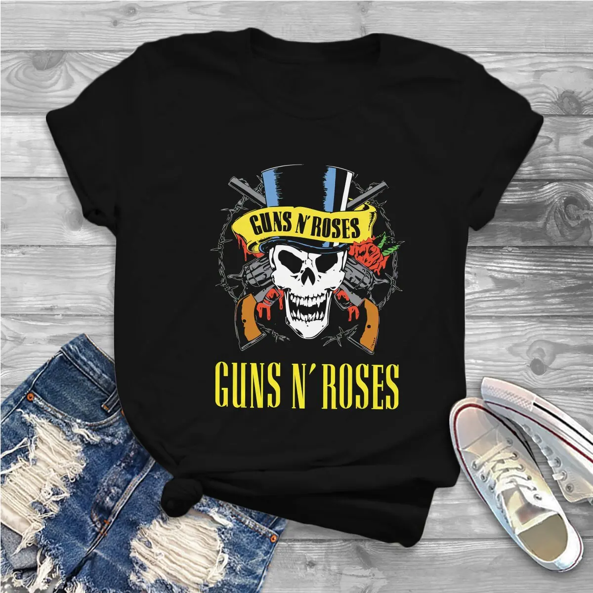 Classic Fashion Polyester TShirts Guns N Rose Heavy Metal Female Graphic Streetwear T Shirt O Neck