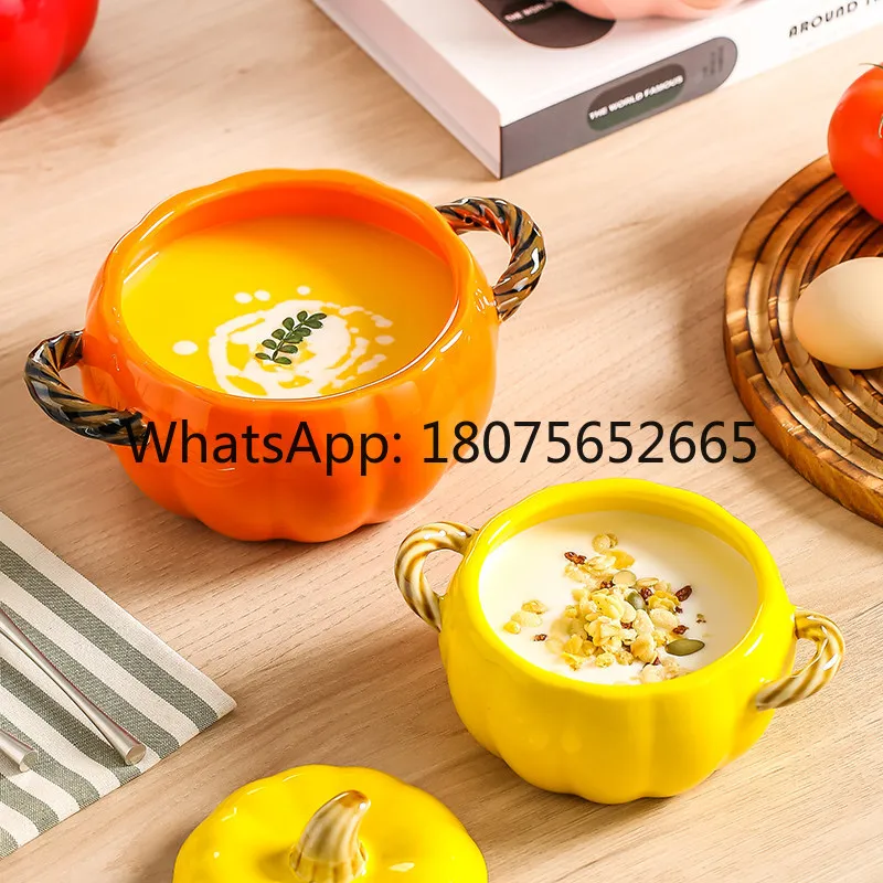 Household pumpkin ceramic baking soup cup soup noodle bowl stew cup with lid binaural soup bowl