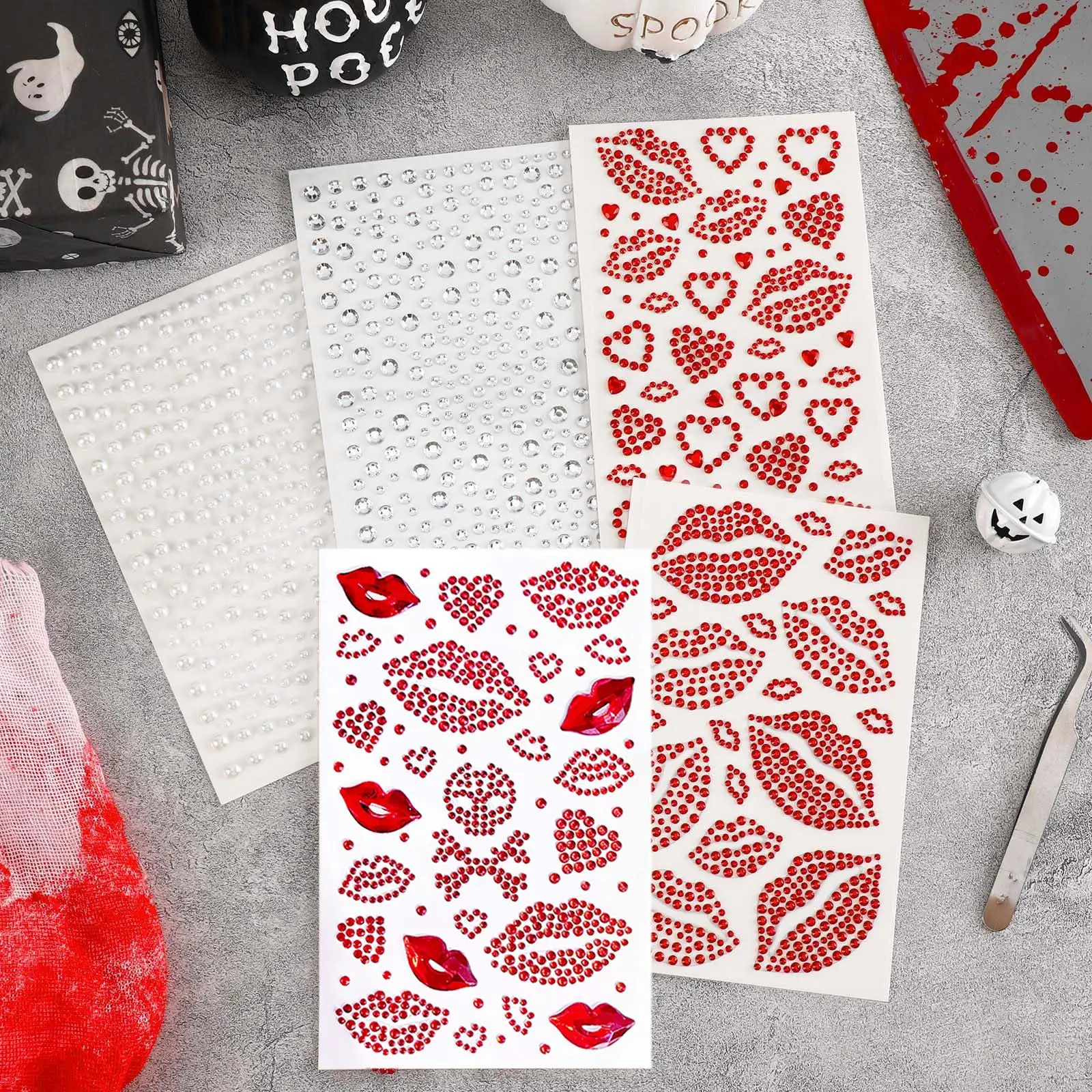 1/5 Sheets Red Face Gem Lip Rhinestone Stickers for Makeup Self-Adhesive Kiss Jewels Stickers Body Hair Eye Makeup Gems Pearls