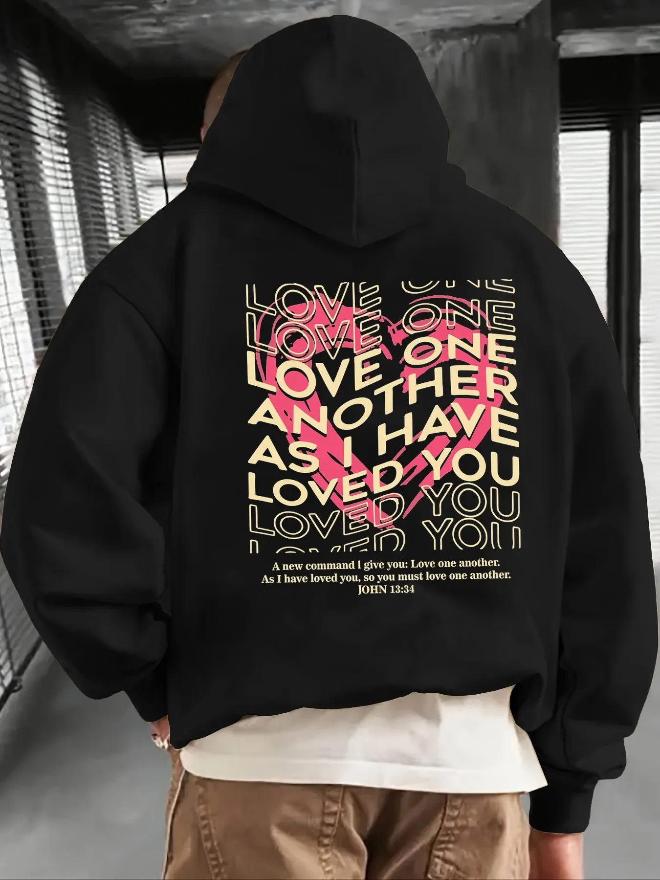 Korean Hot Streetwear Men Hoodie Stacked Love Text Pink Heart Back Print Trendy Daily Versatile Oversized Unisex Autumn Winter