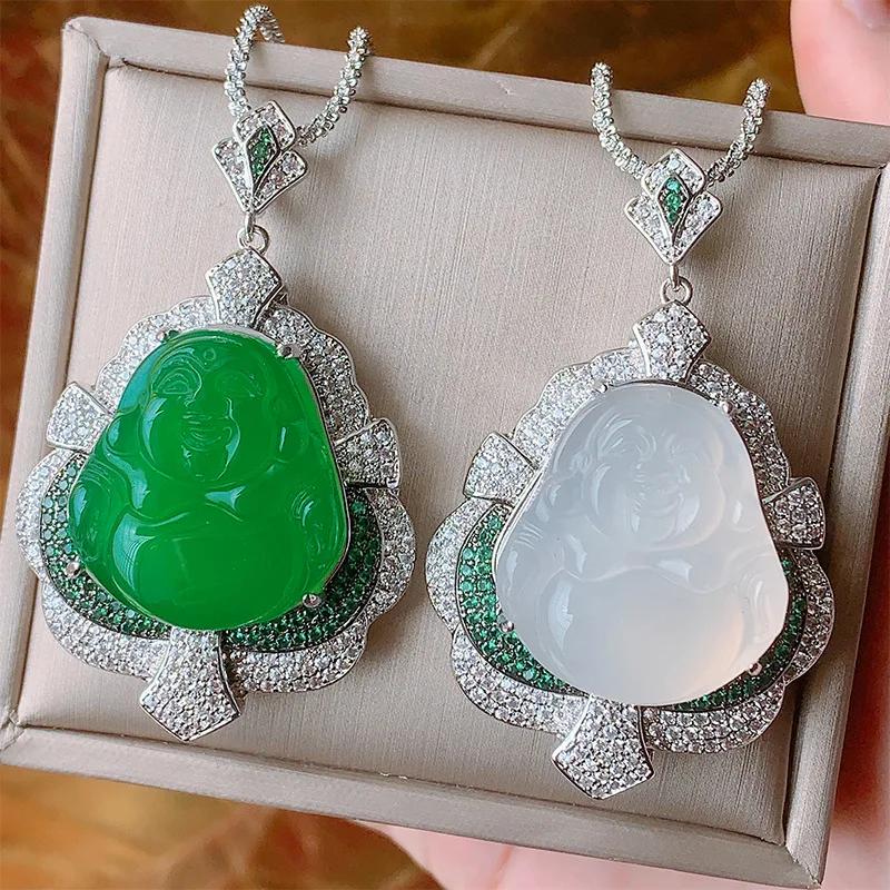 

Jewelry Green Chalcedony White Chalcedony Laughing Buddha Pendant New Chinese Style Accessories National Style Maitreya Necklace