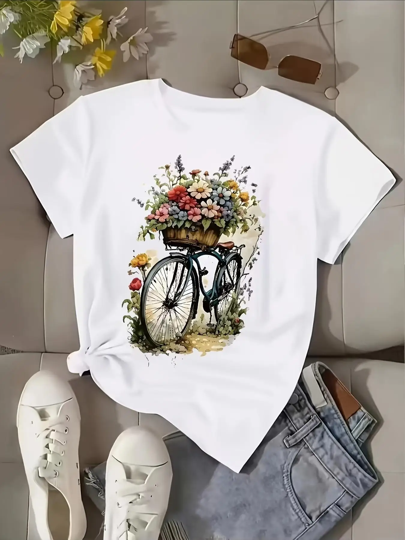 Women's Floral Print T-Shirt Casual Crew Neck Suitable for All Seasons Featuring Bicycle and Basket Design Open in New Tab