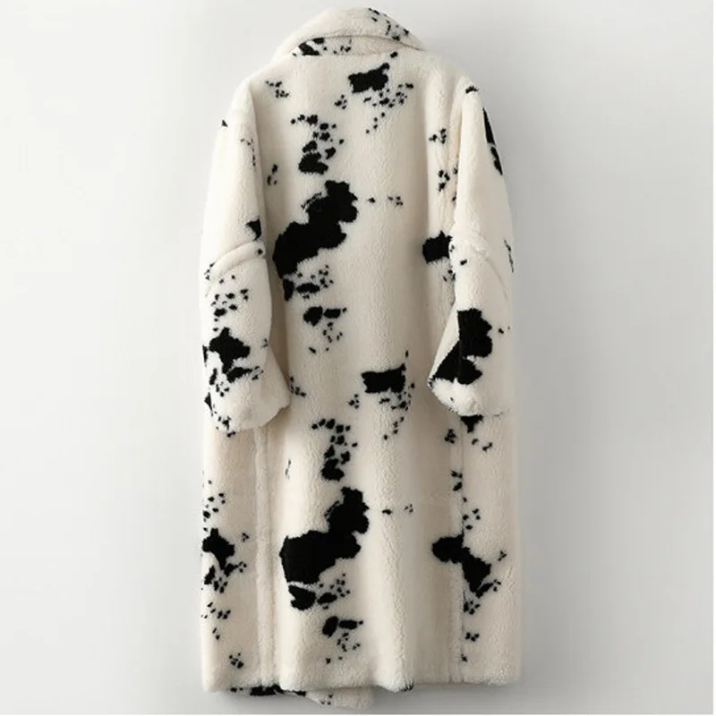 Women's Winter Warm Wool Faux Fur Coat Shearling Coat Loose Long Printed Fashion Casual Trench Coat