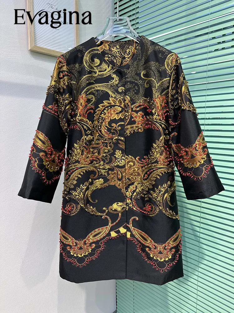 

Evagina Vintage High End Jacquard Nail Bead Spring Autumn Women's 3/4 Sleeved Covered Button Casual Holiday Exquisite Coat