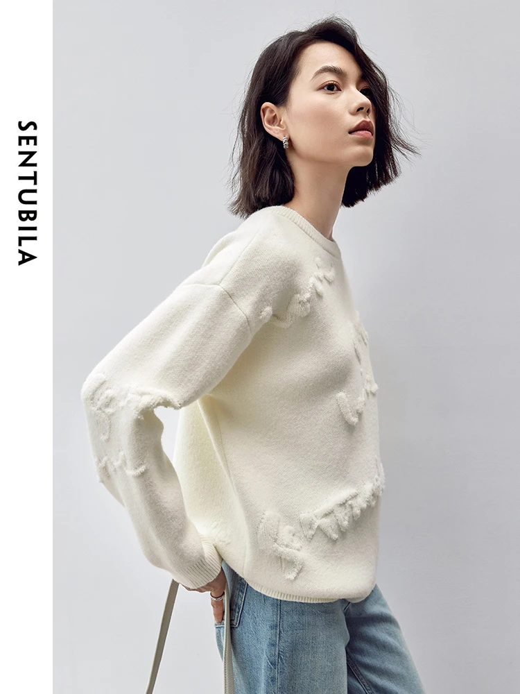 SENTUBILA Jacquard Knitted Pullovers Women 2024 Autumn Commute Casual Loose Fit O Neck Long Sleeve Warm Knitwear W43E56268