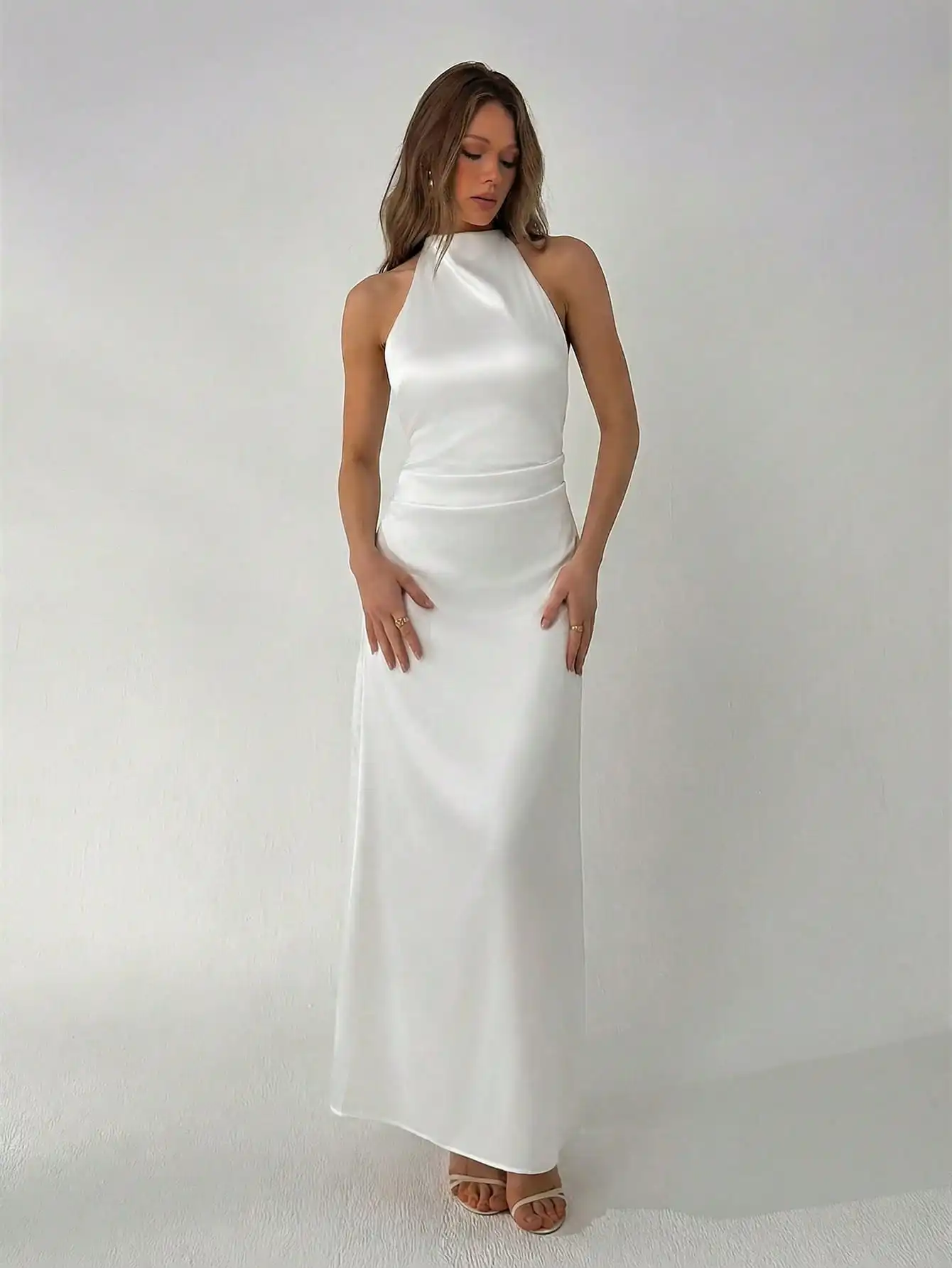 

Women's White Halter Neck Ruched Waist Satin Maxi Dress Spring Summer