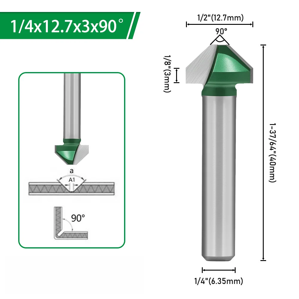 Woodworking Cabinet Making Green V-Groove Bit Edge Trimmer 90 Angle Dual-flute YG8 Alloy 45 Steel Standard Shank