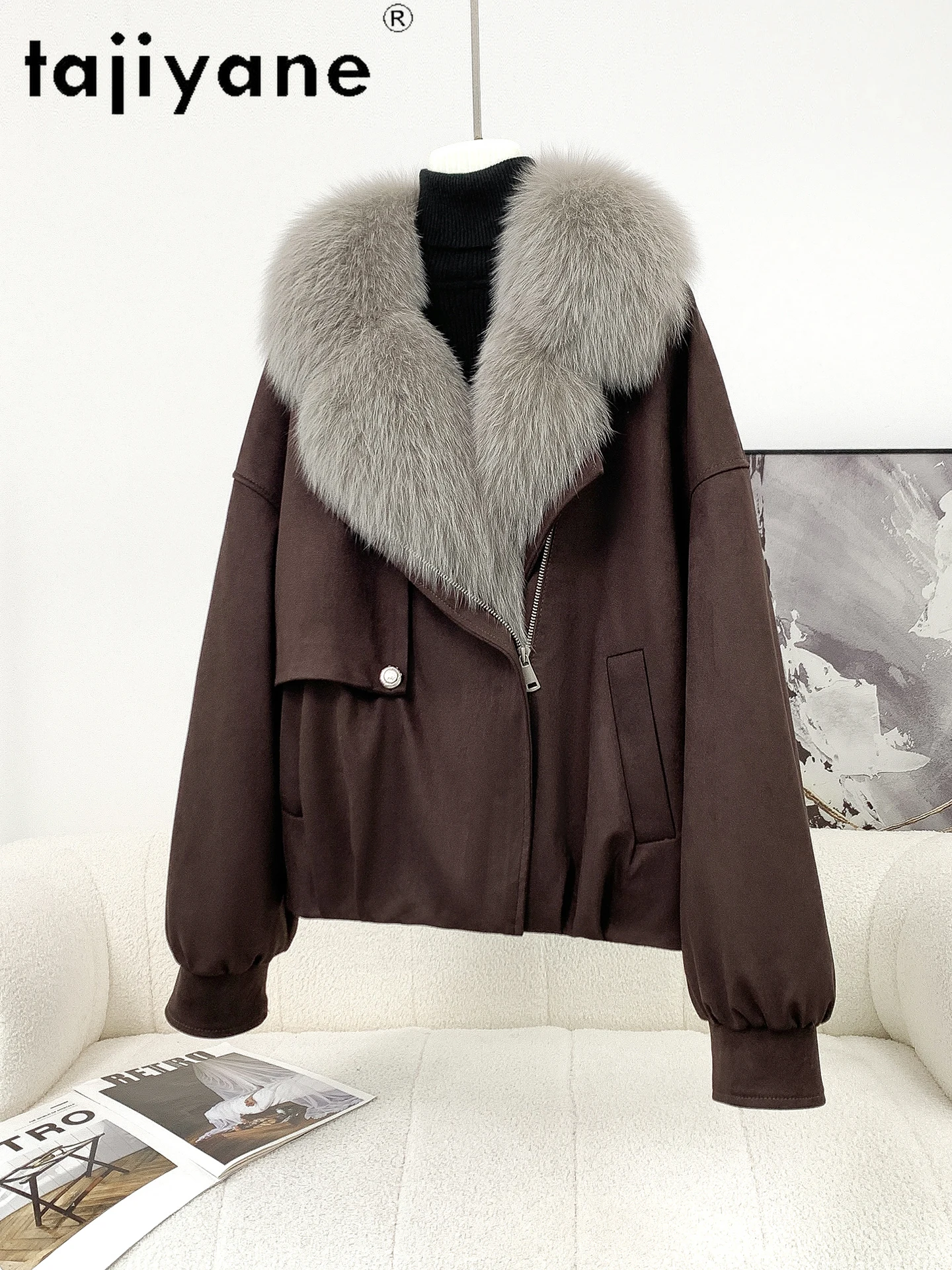 Tafiyane casacos de penas de ganso feminino luxo gola de pele de raposa jaquetas de camurça premium senhoras outerwears 2025 inverno roupas femininas domaхоislav