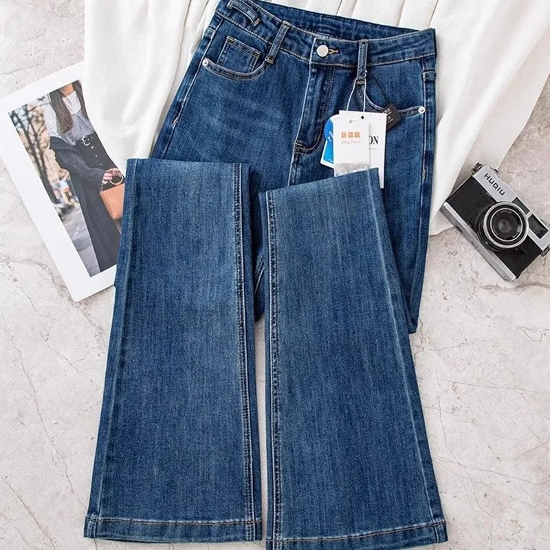 High Waist Bell Bottom Jeans Women's Stretchy Slim Fit Floor Length Bell Pants American Retro Blue Color Wear Resistant Cotto...