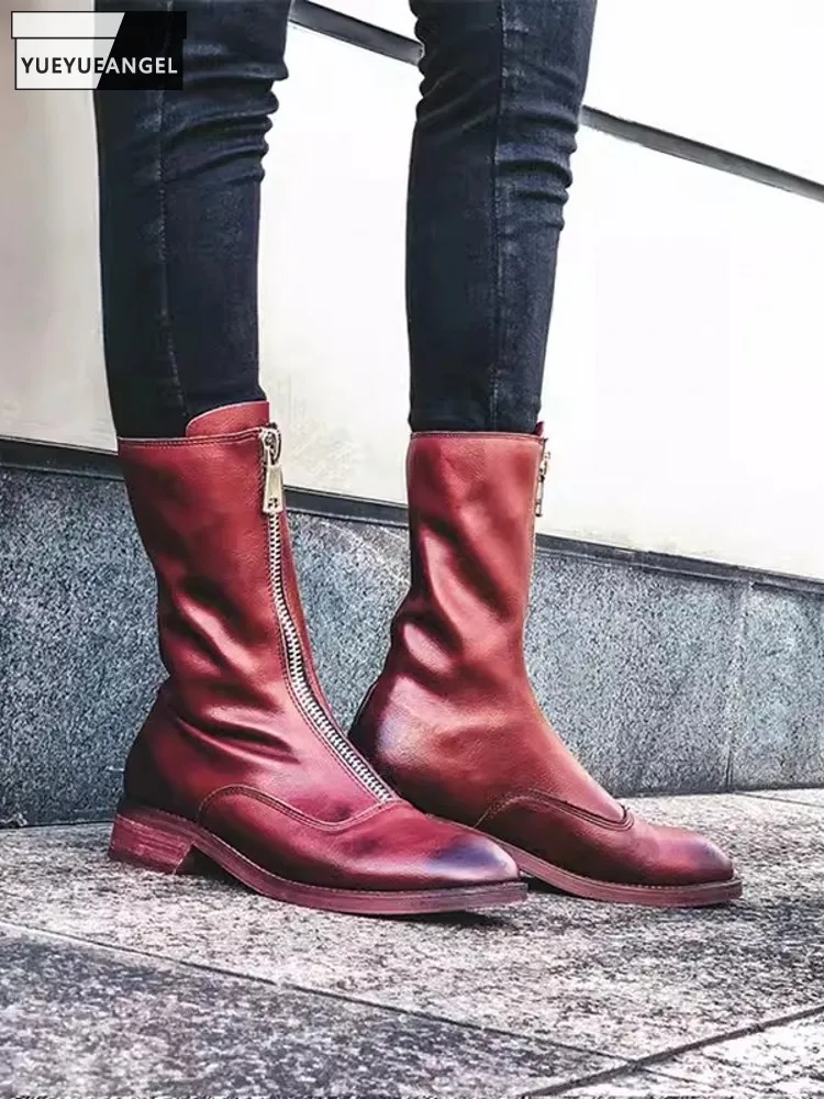 Fashion Women High Top Zipper Boots Winter Fleece Lining Motorcycle Biker Shoes Vintage Block Heels Genuine Leather Ankle Boots