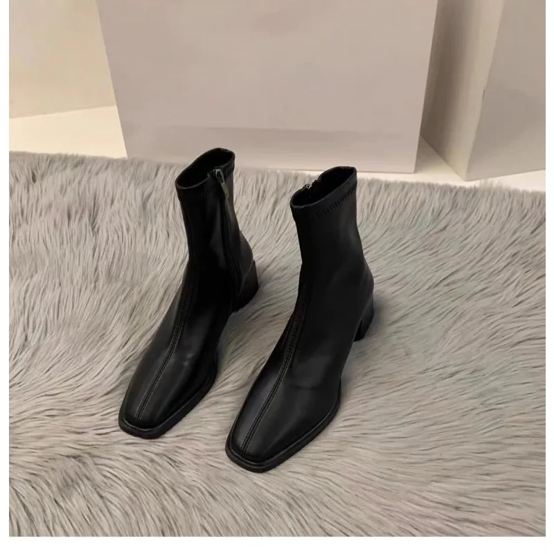 Elastic Socks Boots Fashion Ankle Boots Women High Heel Thicks  Heel Square Toe Short Boots Women Retro New Ladies Shoes