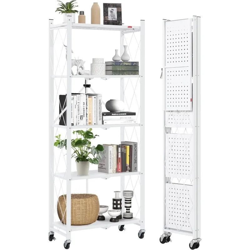 

FREE SHIP.5-Shelf Folding Bookcase with Wheels, Heavy Duty Storage Shelves, Freestanding Metal Wire Shelving Unit for Livi