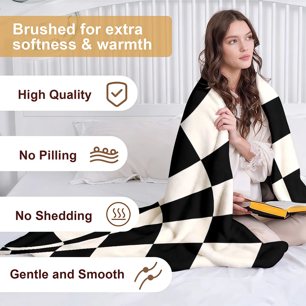 Wavy Square Black White Ultra-Soft Fluffy Flannel Blanket Super Cozy Lightweight Bed Blanket for Halloween Sofa Bed Christmas