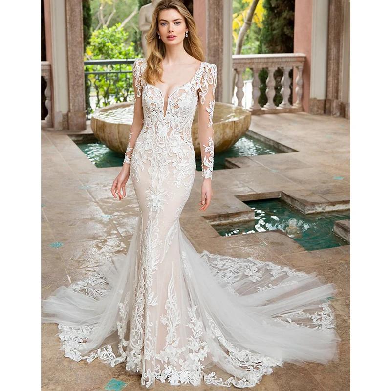 2023 Exquisite Lace Full Sleeves Floor Length White Gorgeous Mermaid Wedding Dress For Women Vestido De Novia Custom Made Color