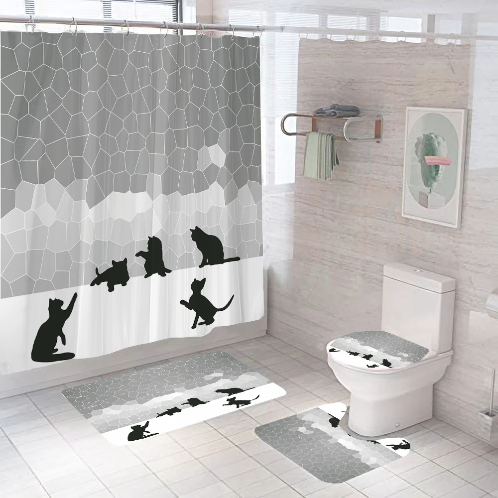 Cartoon Cute Shower Curtain Funny Cat Print Children\'s Bathroom Curtain Set Waterproof Bath Screen Mat Rugs Toilet Accessoires