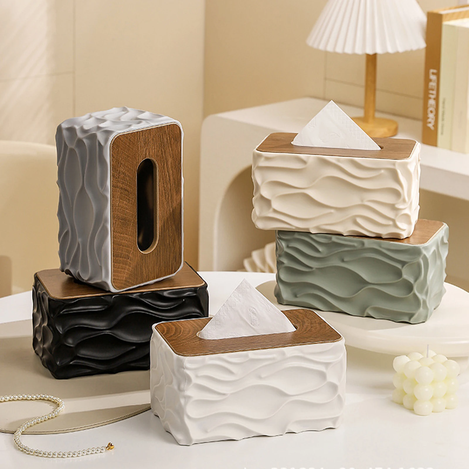 Wellenholz-Taschentuchbox Luxuriöse Hochwertige Desktop-Taschentuchbox Kreative Plastik-Papierschublade für Zuhause Badezimmer Küche Dekoration